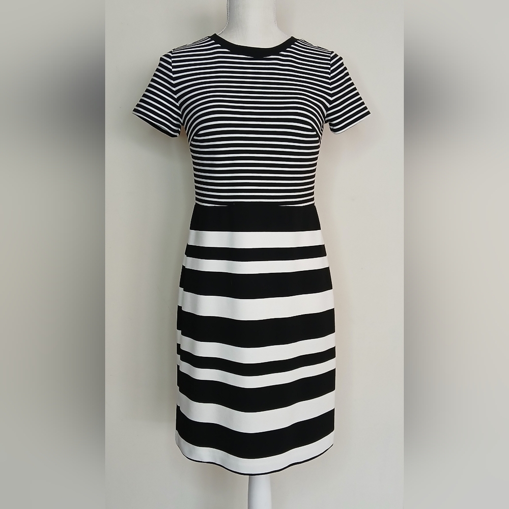 LOFT Black and White Ribbed Stripe Fitted Short Sleeve Dress